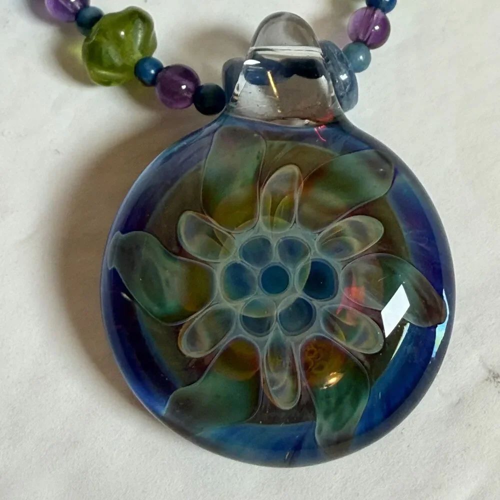 Artisan Borosilicate Lampwork Glass Pendant Necklace 925 Clasp Blue Beaded 24"